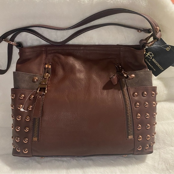 NWT B Makowsky Leather Shoulder Crossbody Handbag, Copper Studs & Suede Accents - Picture 12 of 14